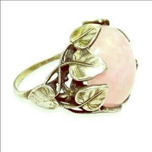 Antique Silver Rose Quartz Leaf Ring